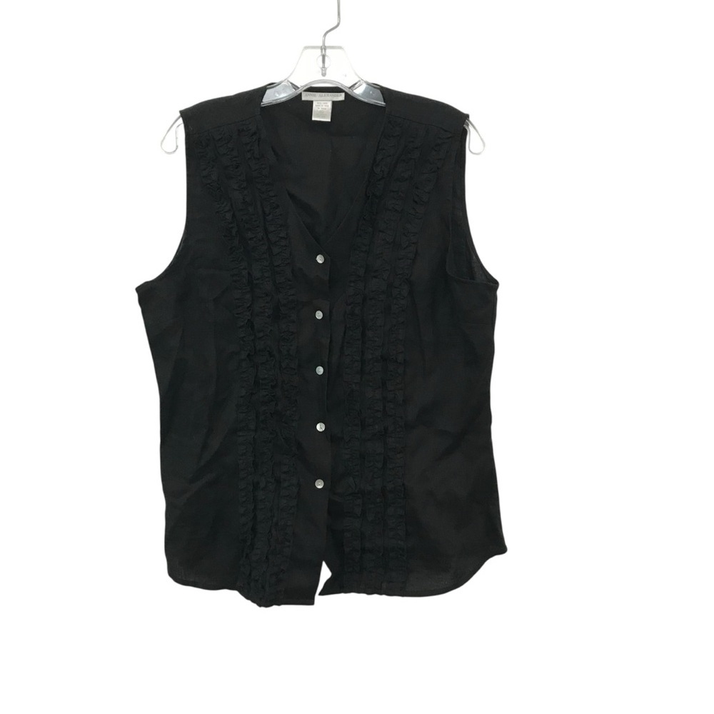 Annie Alexander Size XL Black Linen Sleeveless Top Button Up Ruffle Vintage